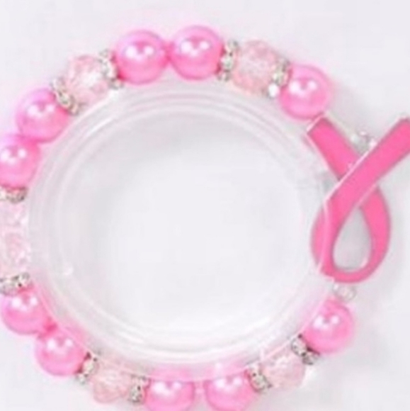 Bracelet Lt Pink Cancer Ribbon Beaded Rhinestone Pearl w/ 1 Cancer Ribb… - Picture 7 of 9